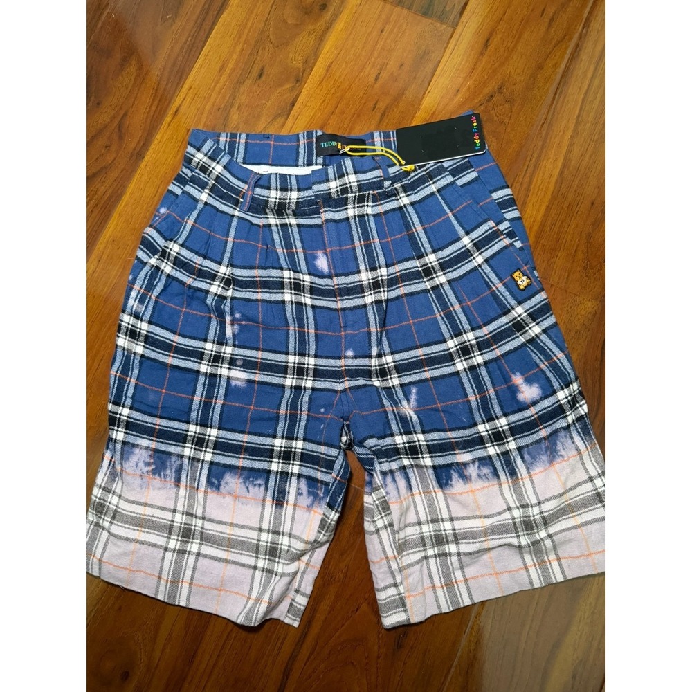 Teddy Fresh Unisex Navy Plaid Bleached Flannel Shorts size 28 NWT NEW